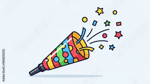Colorful party horn with confetti and stars blowing off in celebration on white background