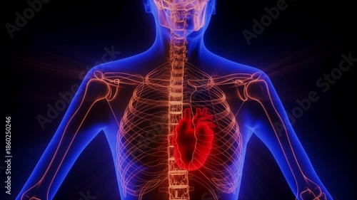 3D Medical Illustration of Human Heart and Skeleton