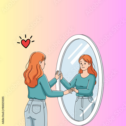 Mental Health and Self-Care Concept: Beautiful Woman Hugging Herself with Hearts and Positive Affirmations for Self-Love and Wellbeing