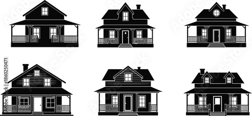 Traditional house icons, architectural silhouette set, black outline homes, pitched roof symbol, porch branding, chimney concept, design badge, vintage styles