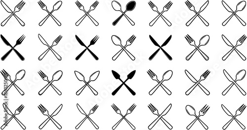 Black and White Line Art Icons of Crossed Knives, Forks, and Spoons - Food and Dining Theme