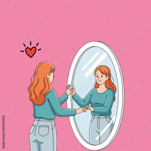 Mental Health and Self-Care Concept: Beautiful Woman Hugging Herself with Hearts and Positive Affirmations for Self-Love and Wellbeing