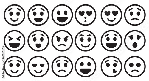 eighteen black and white circular emoji faces icon set
