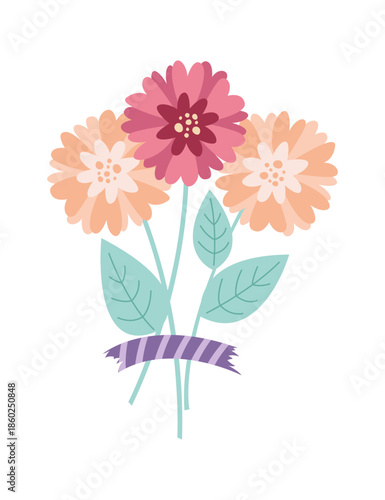 Flowers bouquet decoration attached by colorful washi tape. Floral pieces pretty romantic ornaments with sticker strips vector illustration