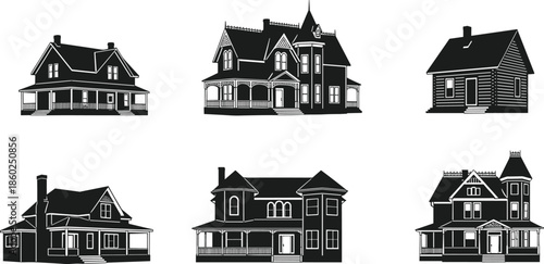 Victorian house icons, traditional architecture silhouettes, black outline homes, tower symbol, porch branding, chimney concept, ornate badge, heritage styles