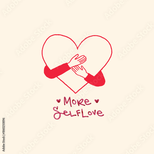 Mental Health and Self-Care Concept: Beautiful Woman Hugging Herself with Hearts and Positive Affirmations for Self-Love and Wellbeing