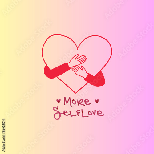 Mental Health and Self-Care Concept: Beautiful Woman Hugging Herself with Hearts and Positive Affirmations for Self-Love and Wellbeing