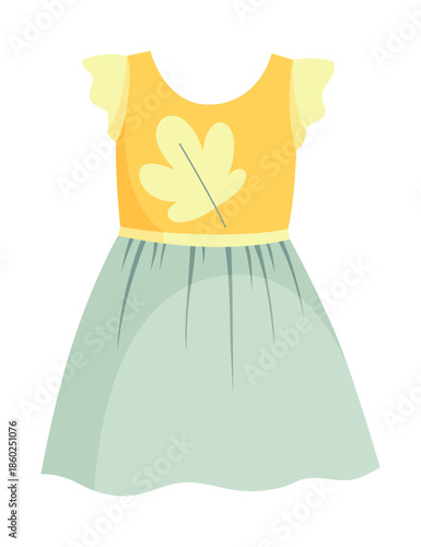 Yellow leaf print toddler dress white backdrop soft cotton bodice mint gathered skirt cap sleeves studio display natural light playful summer vibe sustainable fashion
