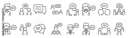 Talk, speech, discussion, dialog, speaking, chat, conference, meeting icon set in thin line style