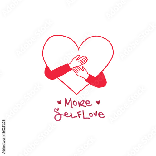 Mental Health and Self-Care Concept: Beautiful Woman Hugging Herself with Hearts and Positive Affirmations for Self-Love and Wellbeing