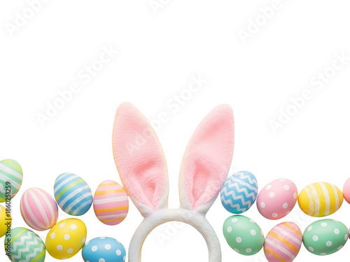Easter bunny ears and colorful eggs on isolated transparent background for spring and holiday concepts