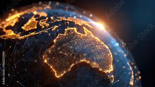 Glowing digital earth with data connections highlighting australia at night