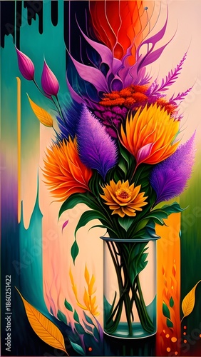 Colorful bouquet in a vase against a vibrant, abstract backdrop.