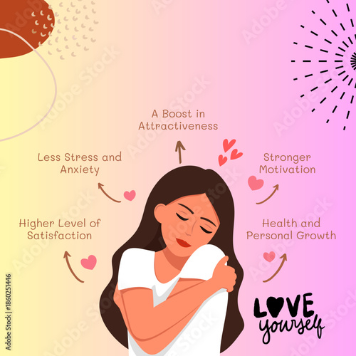 Mental Health and Self-Care Concept: Beautiful Woman Hugging Herself with Hearts and Positive Affirmations for Self-Love and Wellbeing