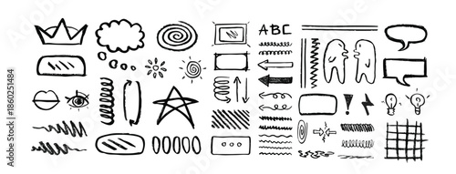 Set of freehand charcoal doodles, arrows, different signs and symbols, graphic design decorations. Vector illustration.