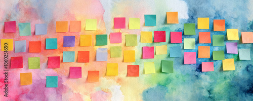 Wallpaper Mural Colorful post-it notes arranged in a rainbow pattern on watercolor background, creative office supplies for planning and organization Torontodigital.ca