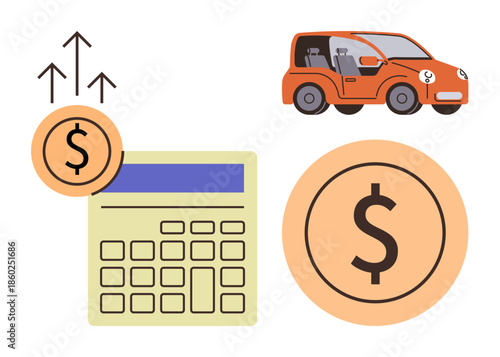 Car illustration, dollar coins, upward arrows, and calculator representing budget planning, financial analysis, growth, investment, cost management auto loan planning. Ideal for cost tracking