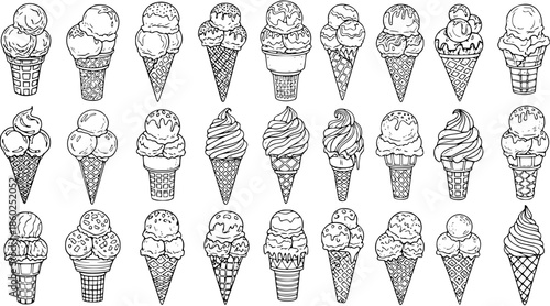 Black and White Line Art Hand-drawn Ice Cream Cones Collection. Variety of Delicious Scoops and Soft Serves for Food Industry, Sweet Desserts, and Summer Themes.