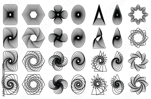 Geometric abstract flower shape set, star figure vector icon kit, funky retro brutal minimal art. Simple Memphis y2k elements collection, floral grid flat bauhaus template. Abstract flower forms