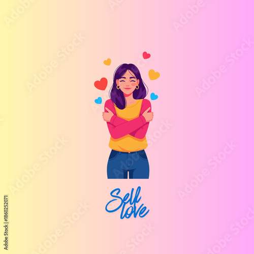 Mental Health and Self-Care Concept: Beautiful Woman Hugging Herself with Hearts and Positive Affirmations for Self-Love and Wellbeing
