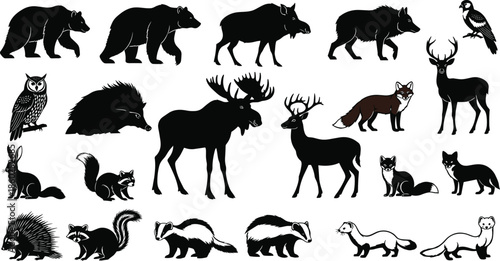 Forest animals silhouette collection, wild mammal set, bear deer wolf moose fox, nature vector art, cad drawing flat vector illustration.