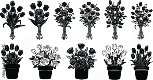 Flower bouquet silhouette collection, potted plant set, black roses and tulips, isolated floral design elements, cad drawing flat vector illustration.