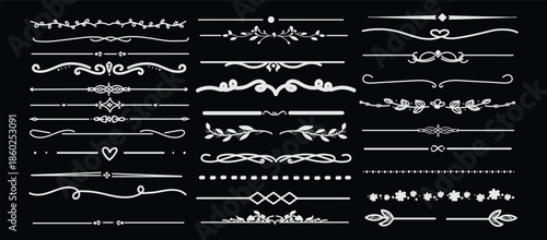 Decorative line borders, elegant design elements. Vector set of ornate patterns for invitations, certificates, documents. Vintage, swirls, flourishes. Black on white, intricate, detailed