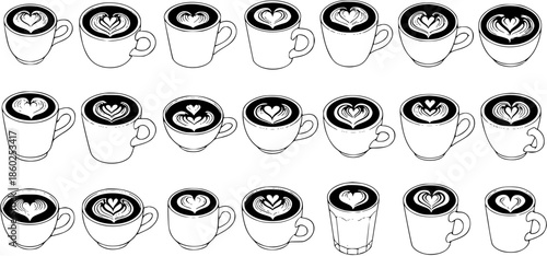 Black and White Line Art of Latte Art Coffee Cups, Food and Drink Industry
