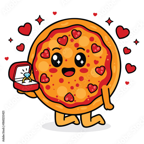 Cute pizza character proposing with a ring and hearts. Romantic and funny Valentine food illustration ideal for cards, stickers, and love designs.