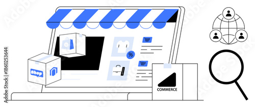Laptop with a storefront banner, product boxes, and e-commerce icons suggests online shopping. Ideal for e-commerce strategy, digital business, marketing, virtual stores, online retail, analytics