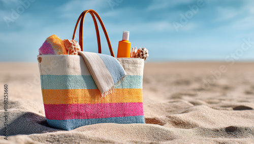 Wallpaper Mural Colorful striped beach bag made of woven fabric with leather handles, filled with sunscreen, towel, and beach accessories on sandy shore under blue sky Torontodigital.ca