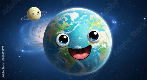 Happy Earth with Smiling Face in Space.