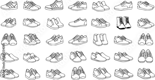 Fashion Footwear Collection: Hand-Drawn Black and White Line Art Icons of Various Shoes, Sneakers, Boots, and Loafers for Apparel and Retail Design