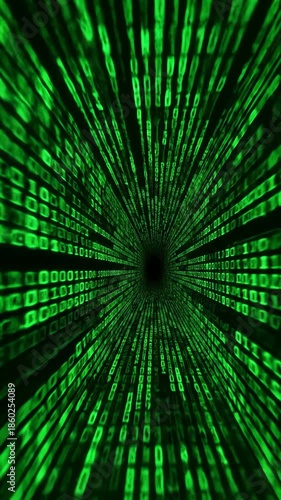 Fast-paced motion through a digital tunnel of green binary code numbers representing a data stream or matrix simulation