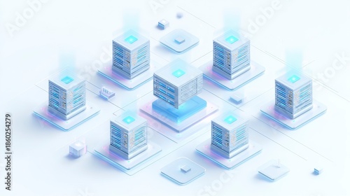 Wallpaper Mural Isometric representation of data center servers, interconnected with glowing lines, in a modern, minimalistic design Torontodigital.ca