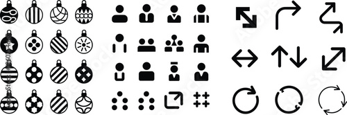 Christmas ornament icons, people avatar symbols, directional arrows, circular refresh icons, minimal vector set for UI, design, signage