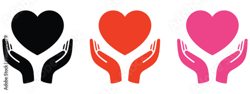 A clean heart in hands symbol set illustrating love, care, support, and protection, featuring black, red, and pink heart variations ideal for charity campaigns, donations, healthcare, and vector 