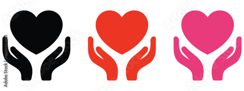 heart in hands symbol set showing support, care, and protection, including black, red, and pink heart variations for charity, donation, healthcare, and vector design