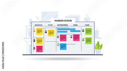 Kanban scrum board on laptop for project management