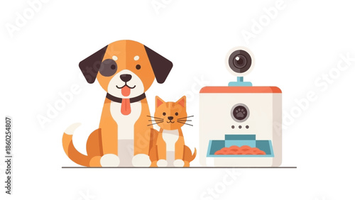 Friendly dog and cat with automated pet feeder