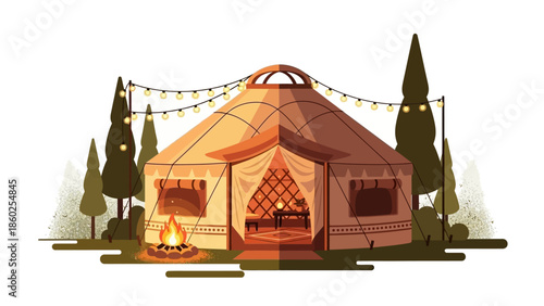 Cozy yurt with warm lighting in serene forest setting at night