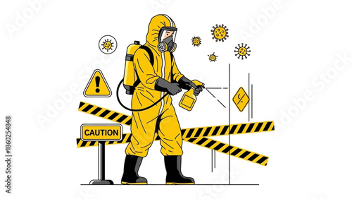 Hazardous materials worker in protective suit spraying disinfectant