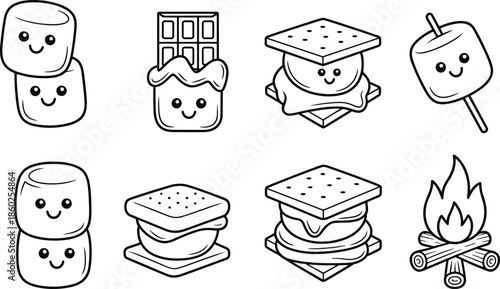 Collection of S'mores and Marshmallow line art icons, cute food characters, chocolate bar, graham crackers, campfire, summer camping, black and white vector illustration.