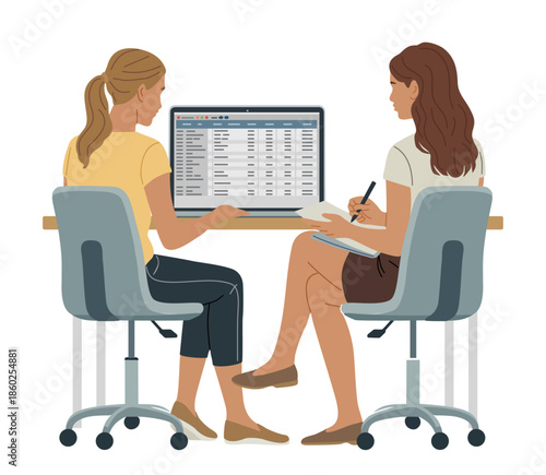 Minimalist illustration of two business women working together at a desk with a laptop, representing teamwork, collaboration, and modern office life. Vector isolated on transparent background
