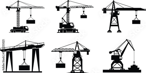 Construction crane silhouette set, mobile and stationary types, lifting load, black vector illustration, heavy equipment comparison