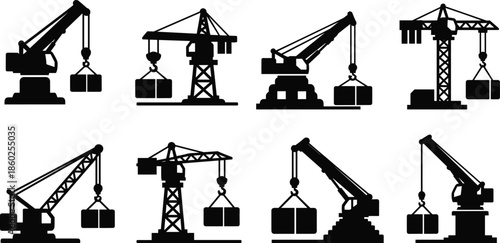 Construction crane silhouette icon set, lifting block graphics, industrial equipment vector, black heavy machinery illustration, engineering design
