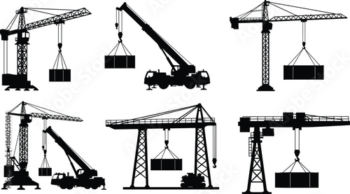 Construction crane silhouette set, tower and mobile types, lifting heavy load, black vector illustration, industrial equipment comparison