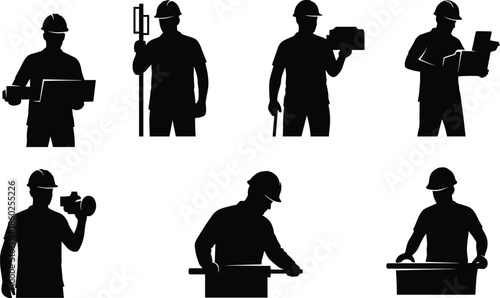 Construction worker silhouette set, blueprint, survey, clipboard, power tool, drafting table, black vector illustration, site planning roles