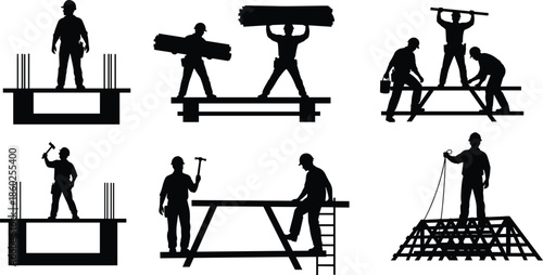 Construction worker silhouettes, teamwork, building tasks, rebar structure, ladder work, roof framing, black outline, site labor, tools, posture