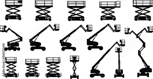 Aerial work platform and lift machine silhouette collection with scissor lifts and boom lifts flat black vector illustration set